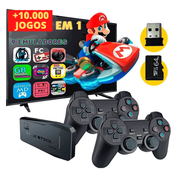 Video Game Stick Retrô Original 4K HD 10000 jogos (+2 Controles de Brinde)